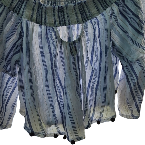 SURF GYPSY BOHO STYLE CROP COVER UP. OR TOP WHITE WITH BLUE AND GOLD STRIPES - Picture 2 of 10